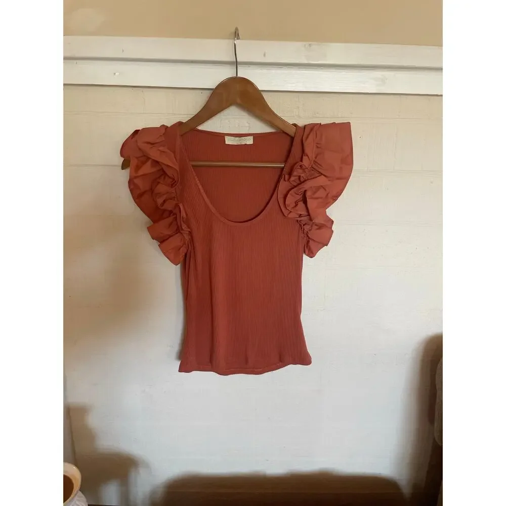 ULLA JOHNSON Koa Ruffle Sleeve Rib Top FEMININE CASUAL Size Small S Terracotta